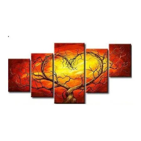 Mid-century teak coasters-5 Piece Canvas Artwork, Tree of Life Painting, Acrylic Painting on Canvas, Abstract Art of Love, Extra Large Art Painting