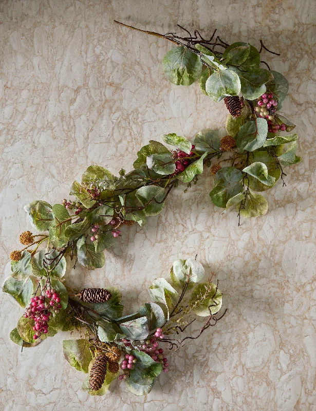 Coastal shell table decor-Faux Zanzibar Leaf with Pinecones & Berries Garland